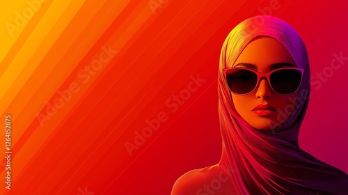 A vibrant portrait of a fashionable woman wearing sunglasses and a headscarf, set against a vivid gradient background, showcasing modern style and confidence. photo