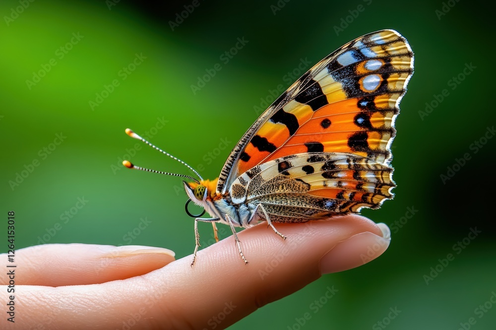 Obraz premium A vibrant butterfly perched delicately on a fingertip in nature.