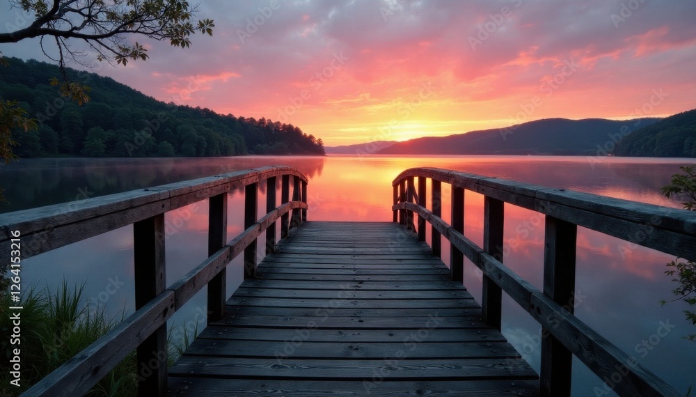 Obraz premium Old wooden bridge over a serene lake at sunset, water reflections, rustic charm