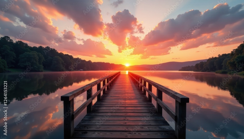 Fototapeta premium Old wooden bridge over a serene lake at sunset, rustic charm, serene atmosphere, lake