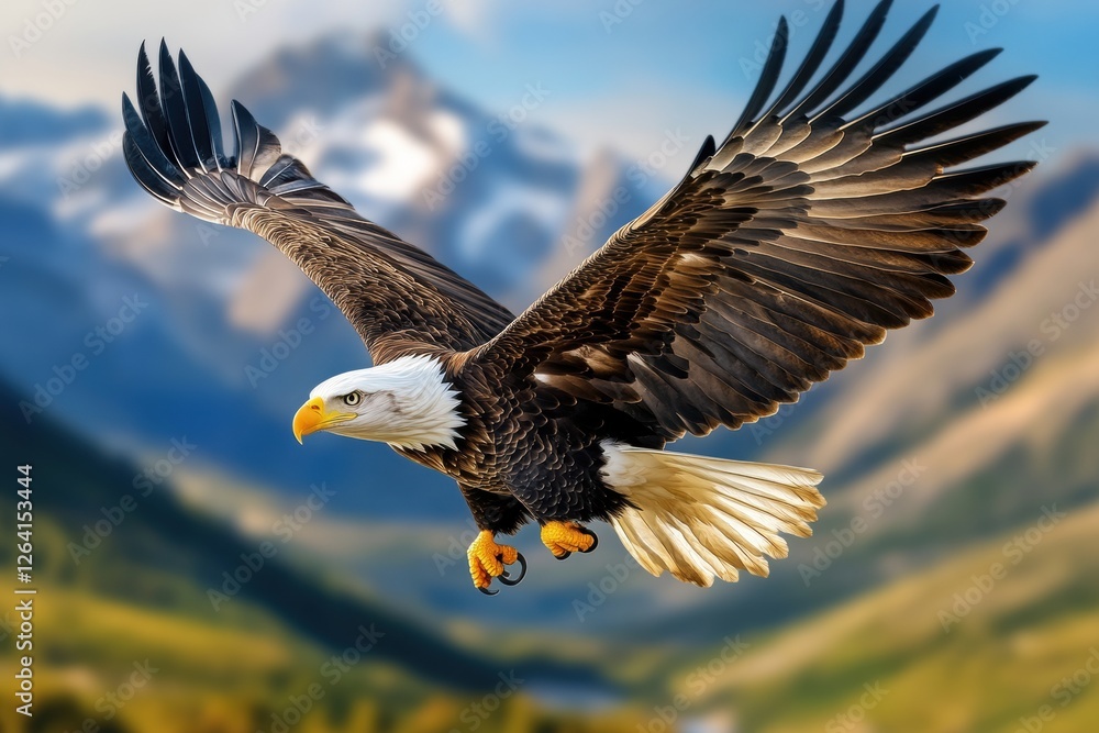 Fototapeta premium Majestic eagle soaring over a scenic mountain landscape.