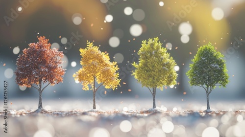 A charming composition of four small trees symbolizing the four seasons, with vibrant foliage colors and dreamy bokeh background. A whimsical and artistic nature scene. AI generated.