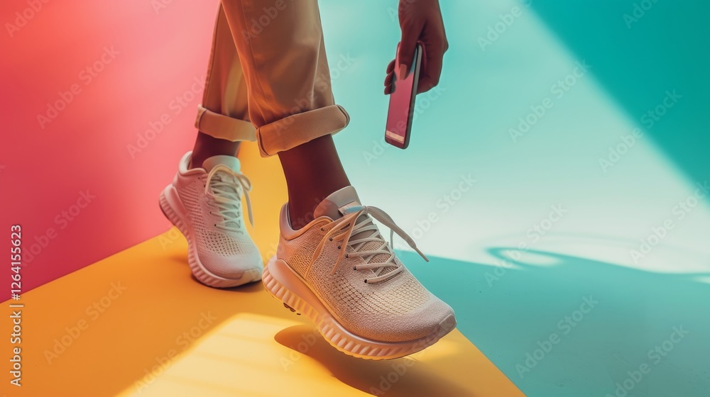A close-up of a person walking in stylish white sneakers on a vibrant geometric background while holding a smartphone. The bold colors emphasize modern fashion trends. AI generated.
