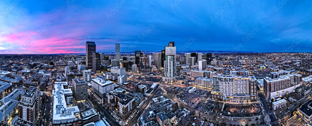 Fototapeta premium Aerial morning view of downtown Denver Colorado, wide panorama.