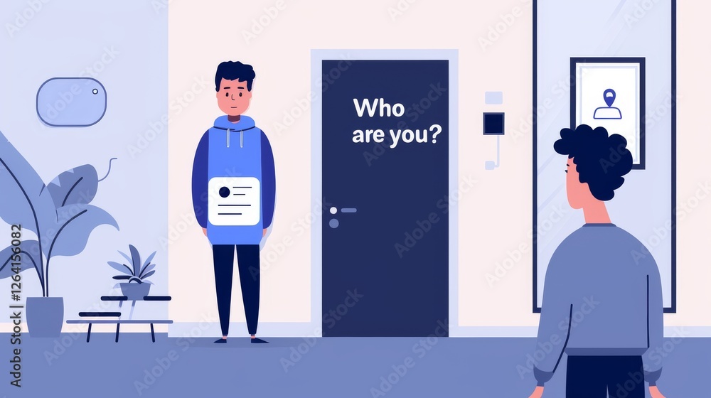 A digital illustration depicting a smart home access control system, where a resident verifies their identity. The scene is styled in a modern, minimalistic approach with blue-toned aesthetics. AI