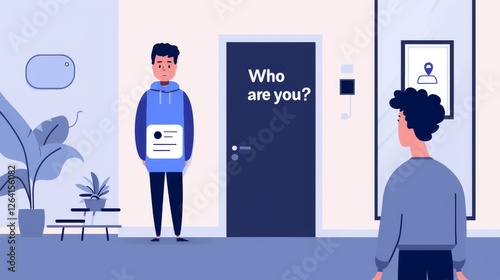 A digital illustration depicting a smart home access control system, where a resident verifies their identity. The scene is styled in a modern, minimalistic approach with blue-toned aesthetics. AI