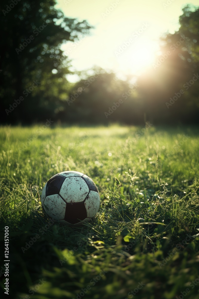 Obraz premium Soccer ball on grass lawn. Outdoor activity.