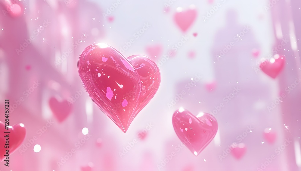 Pink hearts floating cityscape background Pink hearts floating cityscape background