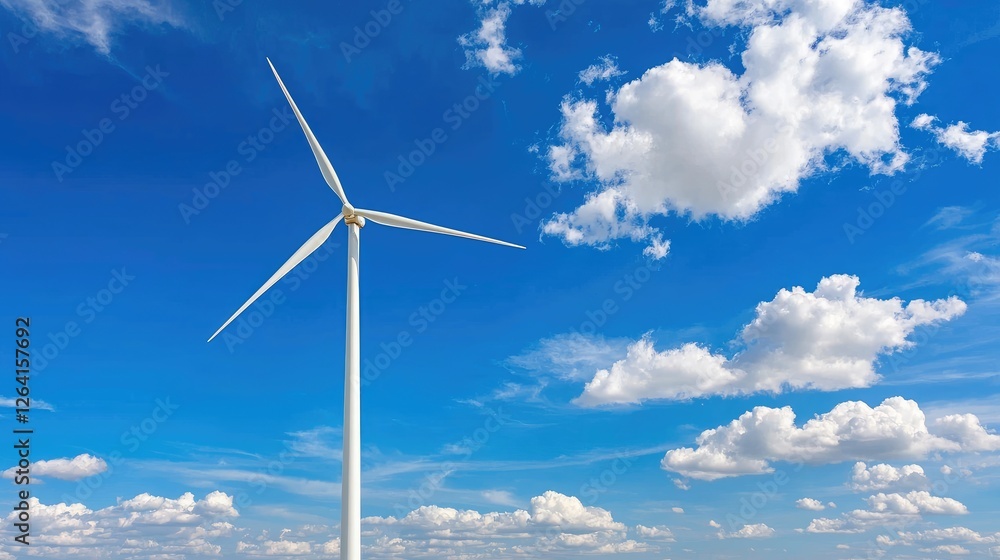 Wind turbine generating clean energy under a blue sky with fluffy clouds Wind turbine generating clean energy under a blue sky with fluffy clouds