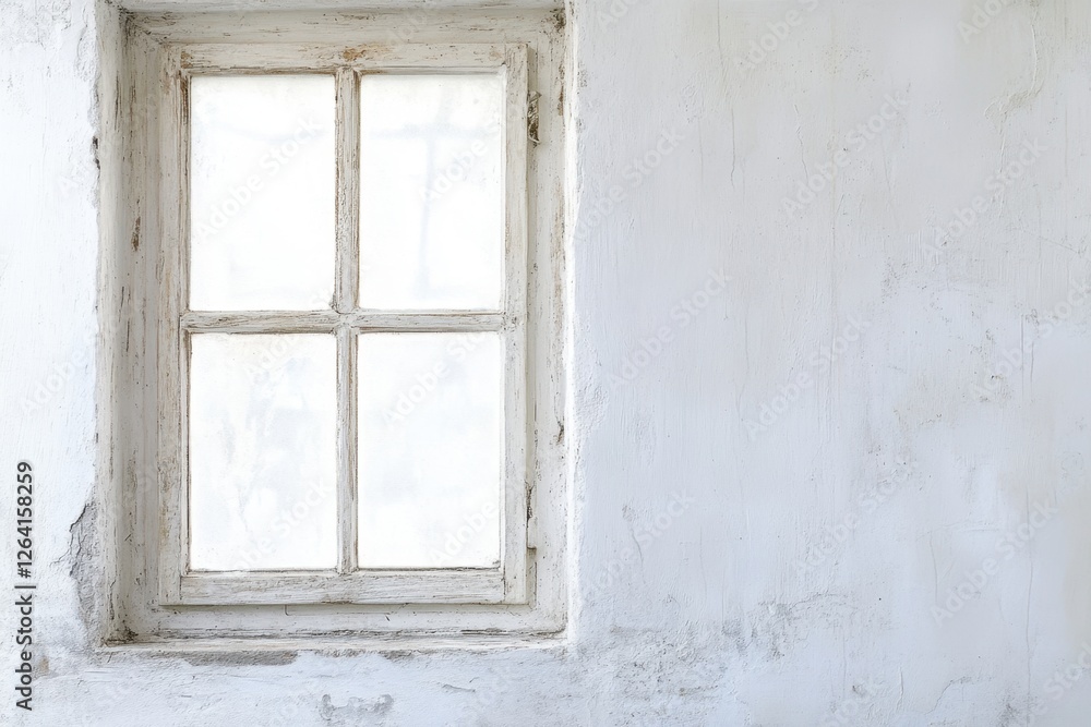 Old white painted window in a distressed plaster wall Old white painted window in a distressed plaster wall