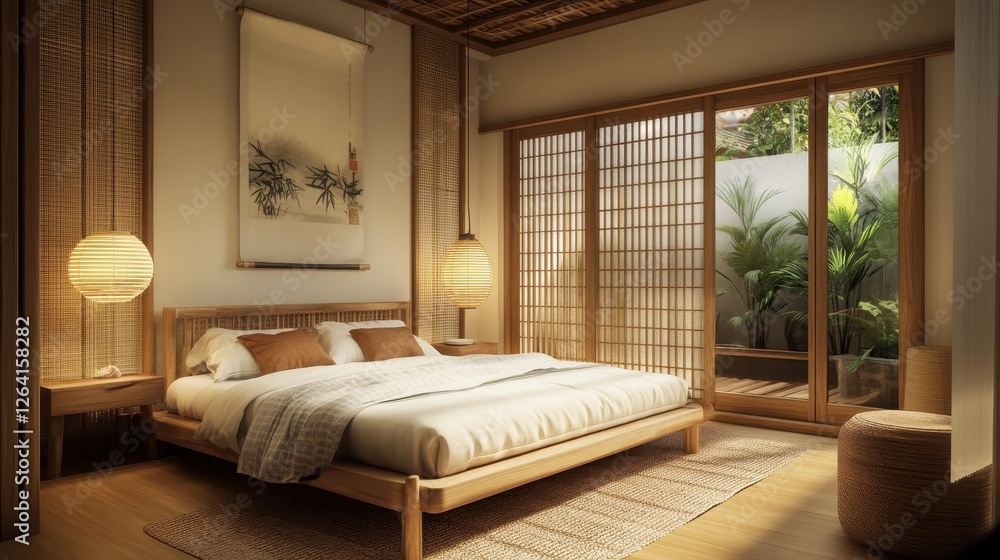 Fototapeta premium Zen inspired bedroom featuring warm lighting and natural elements