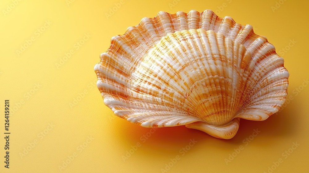 A beautifully detailed scallop shell resting on a vibrant yellow background, showcasing natural textures A beautifully detailed scallop shell resting on a vibrant yellow background, showcasing natural textures