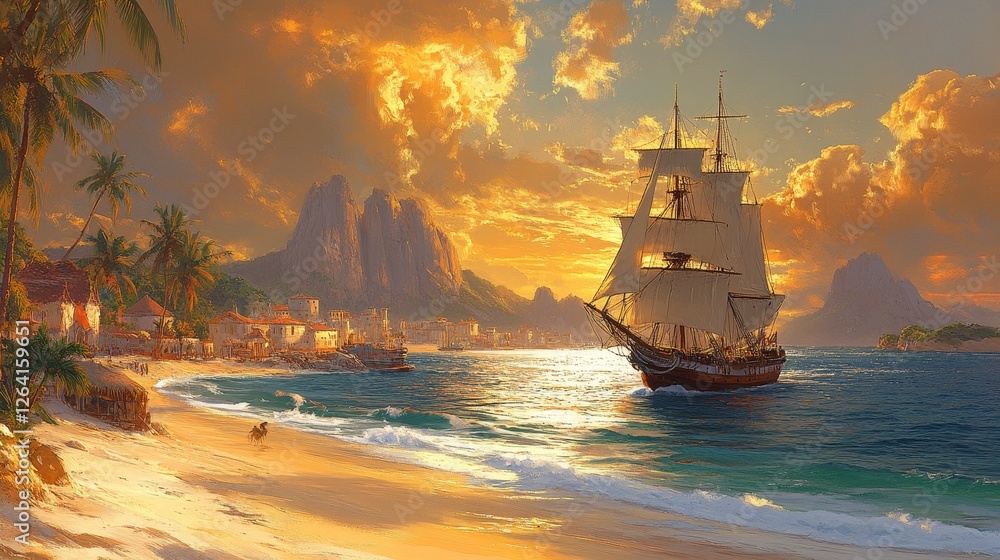 Fototapeta premium GoldenHourCaribbeanVoyageExoticIslandSunsetWithSailingShipAgainstFierySkyTropicalParadiseOceanAdventureScenicSeascapeHistoricalMaritimeArtwork