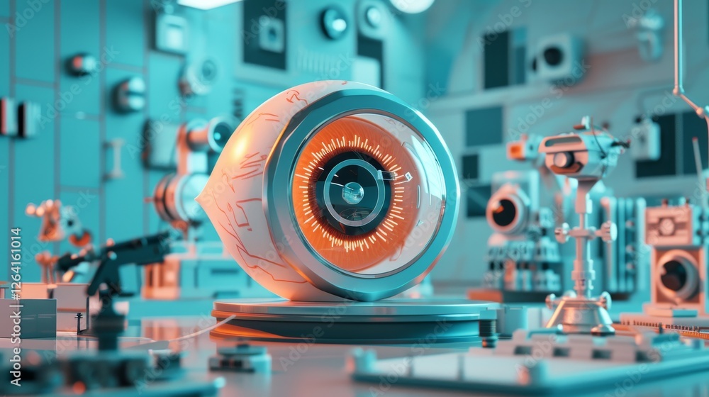 A detailed robotic eye with intricate mechanical features is displayed in a futuristic laboratory, surrounded by advanced technology. A vision of cybernetic innovation. AI generated.