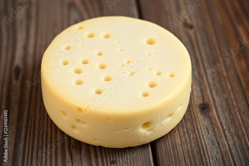 Delicious round cheese with patterned holes displayed on a rustic wooden surface photo