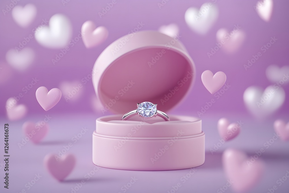 Pink ring box with diamond, hearts in the air Pink ring box with diamond, hearts in the air
