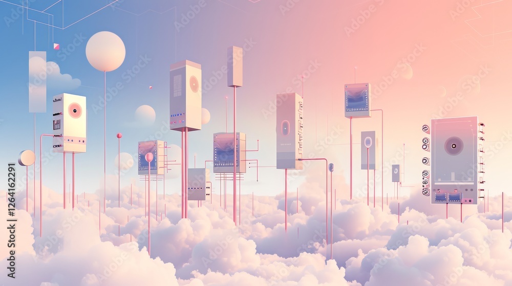 A surreal depiction of floating digital servers in the clouds, representing cloud computing, futuristic technology, and advanced data processing. AI generated.