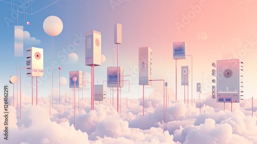 Obraz na płótnie A surreal depiction of floating digital servers in the clouds, representing cloud computing, futuristic technology, and advanced data processing. AI generated. w salonie