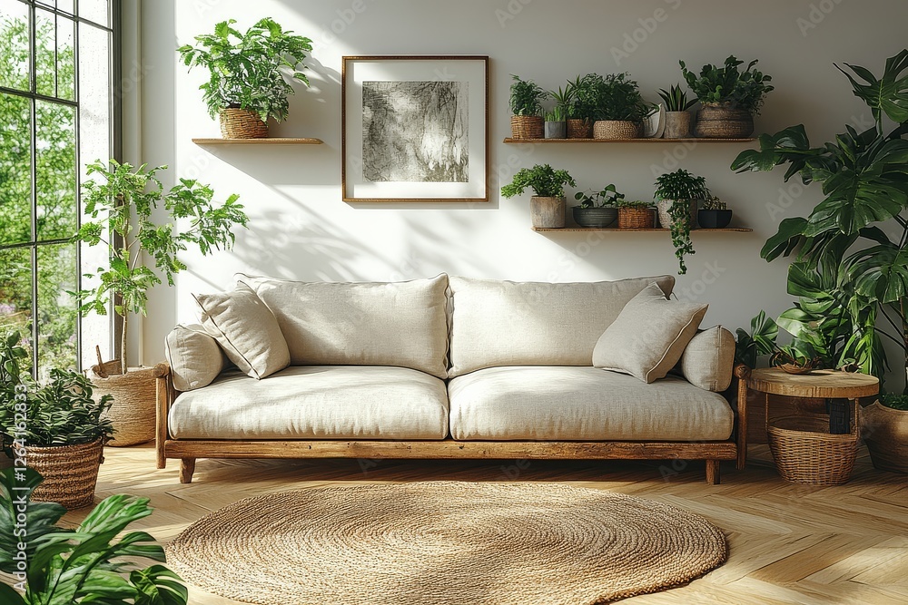 Fototapeta premium Beige Fabric Sofa with Wooden Legs and Armrests Centered in Open-Plan Living Room Featuring Natural Light and Rustic Coffee Table