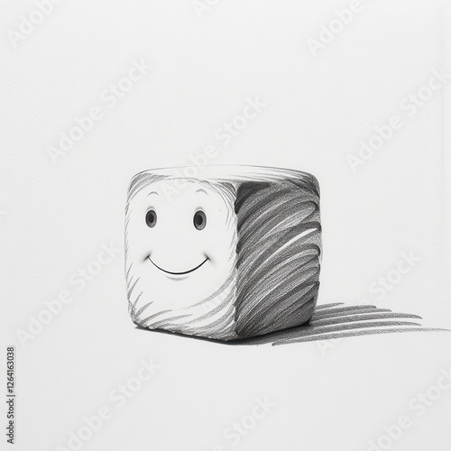 Isolated cheerful smiling cube on a pristine white background. A pencil drawing of a cube with a smiling face. photo