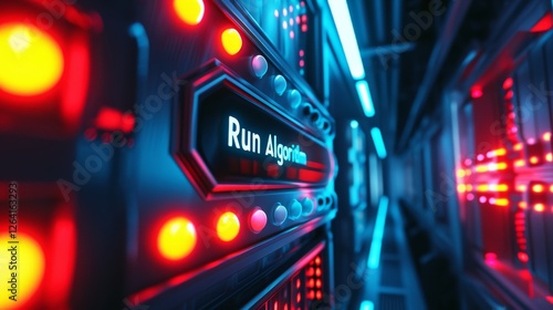 Obraz na płótnie A high-tech server panel illuminated by red and blue LED lights displays a glowing Run Algorithm button, symbolizing AI execution and automation. AI generated. w salonie