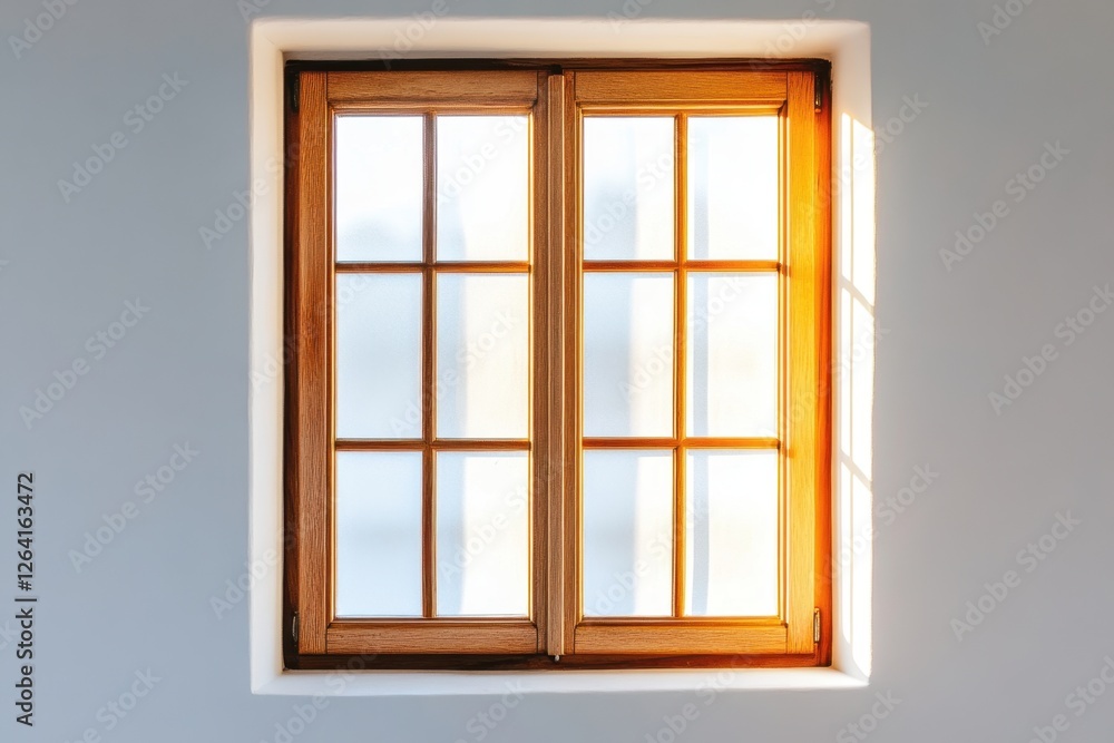Fototapeta premium Sunlight streams through a wooden window in a white wall