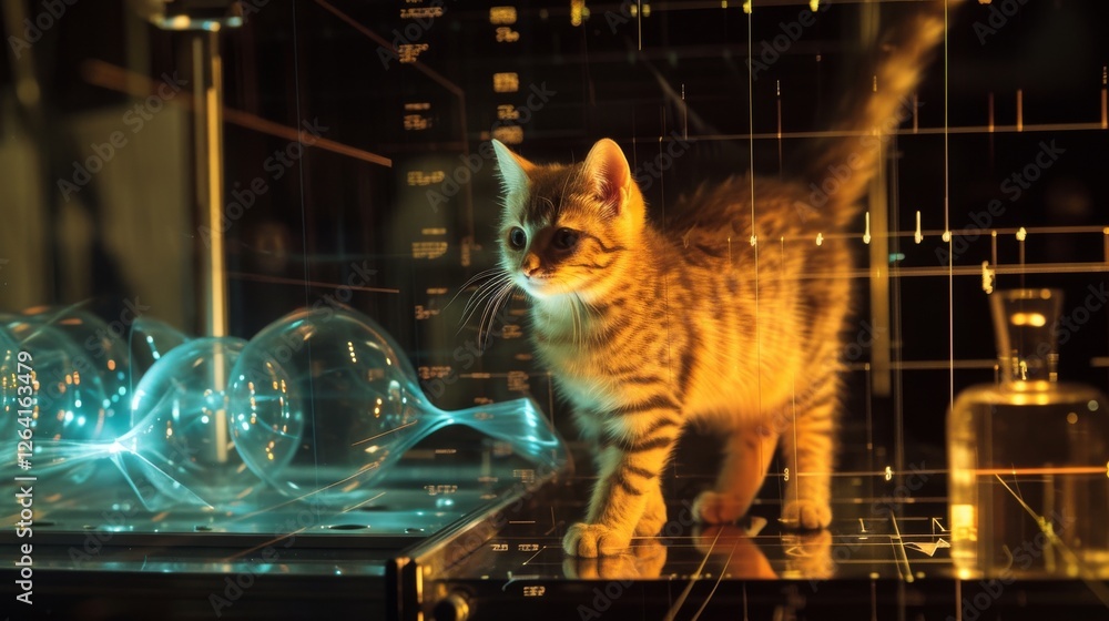 A curious tabby kitten explores a high-tech laboratory with glowing holographic elements and scientific glassware, creating a sci-fi atmosphere. AI generated.