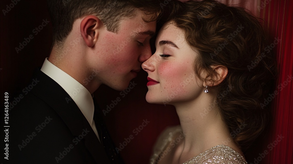 Young Couple Sharing An Intimate Moment Before A Red Curtain Young Couple Sharing An Intimate Moment Before A Red Curtain