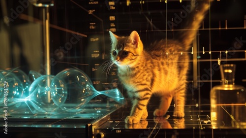 A curious tabby kitten explores a high-tech laboratory with glowing holographic elements and scientific glassware, creating a sci-fi atmosphere. AI generated.