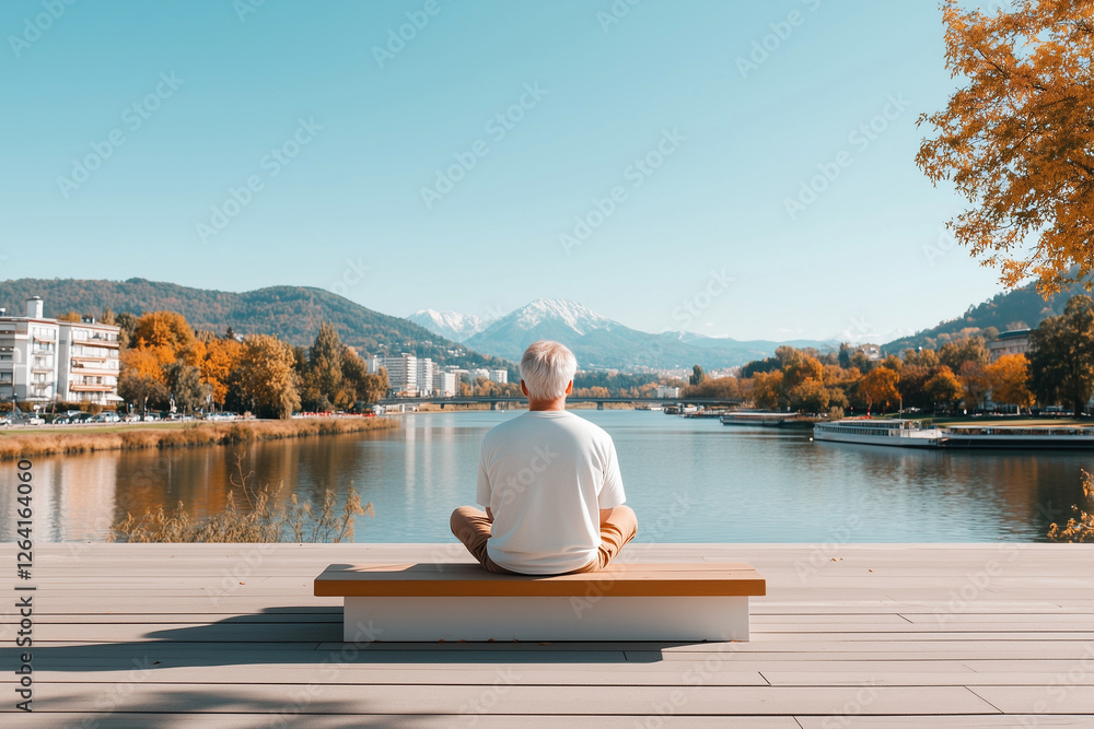 Elderly man meditating by a serene lake with mountain backdrop Elderly man meditating by a serene lake with mountain backdrop