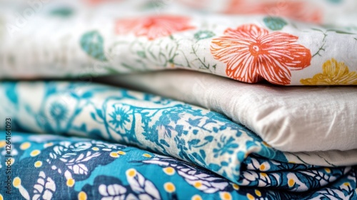 Close up view of patterned fabrics with floral and geometric designs featuring vibrant colors and textures. Generative AI