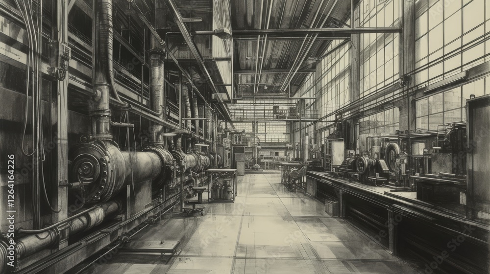 A black-and-white stylized image of a large industrial factory, featuring intricate pipes, gears, and mechanical equipment. The vintage setting highlights engineering complexity. AI generated.