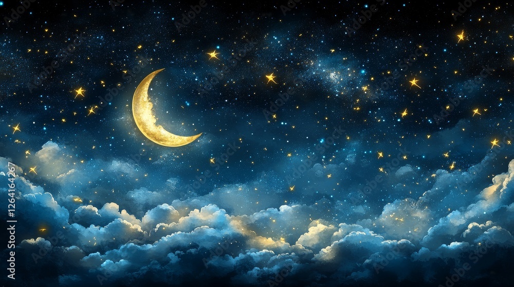 Naklejka premium Celestial Nightscape Luminous Crescent Moon Drifting Clouds Sparkling Stars Tranquil Atmosphere Dreamy Serenity Evening Sky