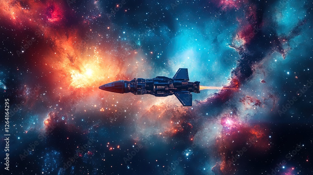 Sci-fi spacecraft flying through a galaxy filled with glowing nebulae Sci-fi spacecraft flying through a galaxy filled with glowing nebulae