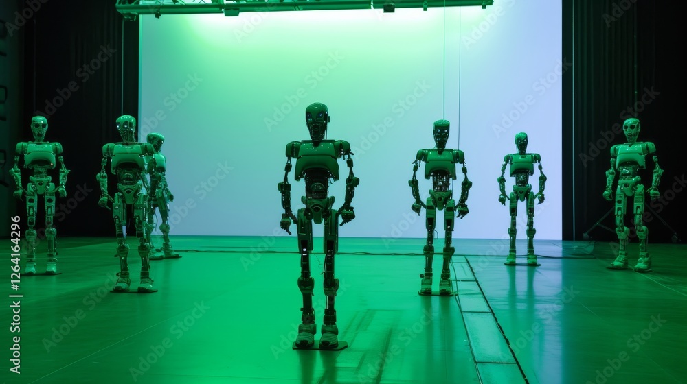 A group of humanoid robots stand in formation in a futuristic setting illuminated by green neon light. Their sleek metallic design enhances the high-tech, cybernetic atmosphere. AI generated.