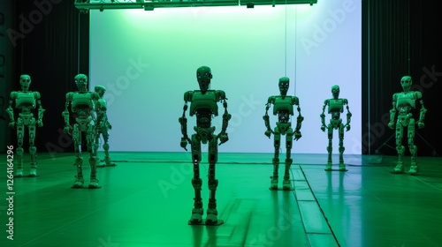 Obraz na płótnie A group of humanoid robots stand in formation in a futuristic setting illuminated by green neon light. Their sleek metallic design enhances the high-tech, cybernetic atmosphere. AI generated. w salonie