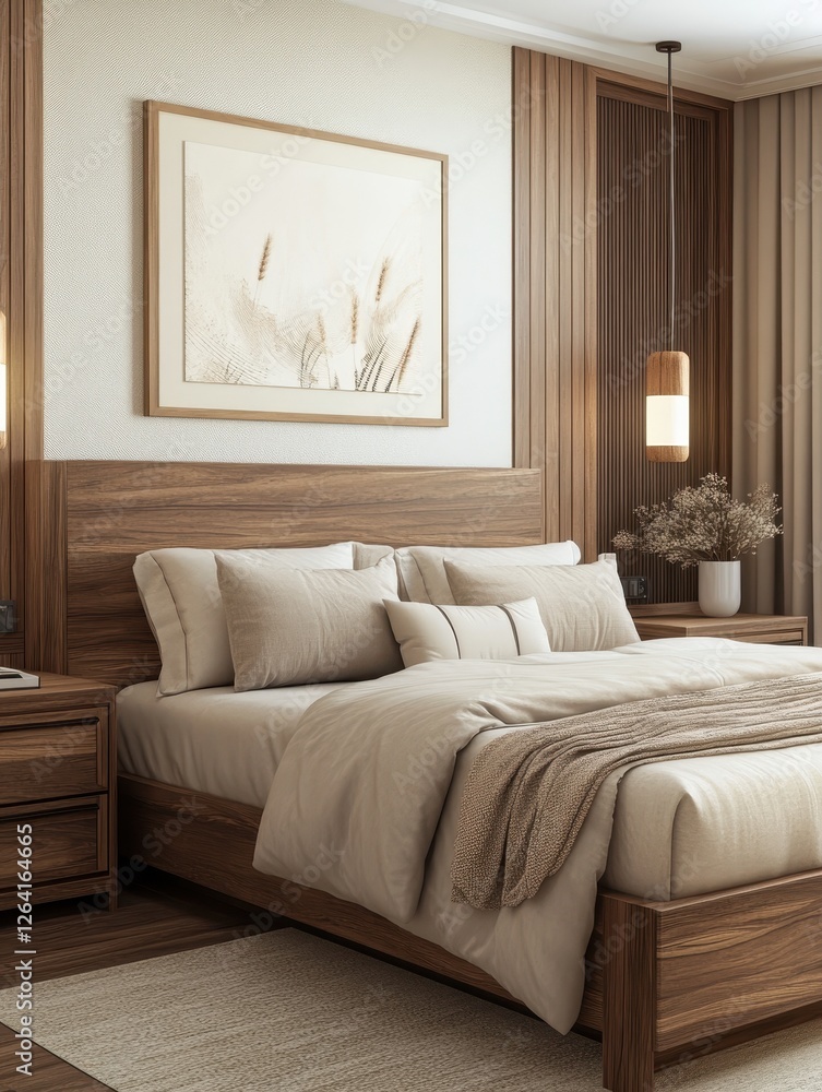 Fototapeta premium Elegant bedroom featuring a wooden bed frame and neutral tones