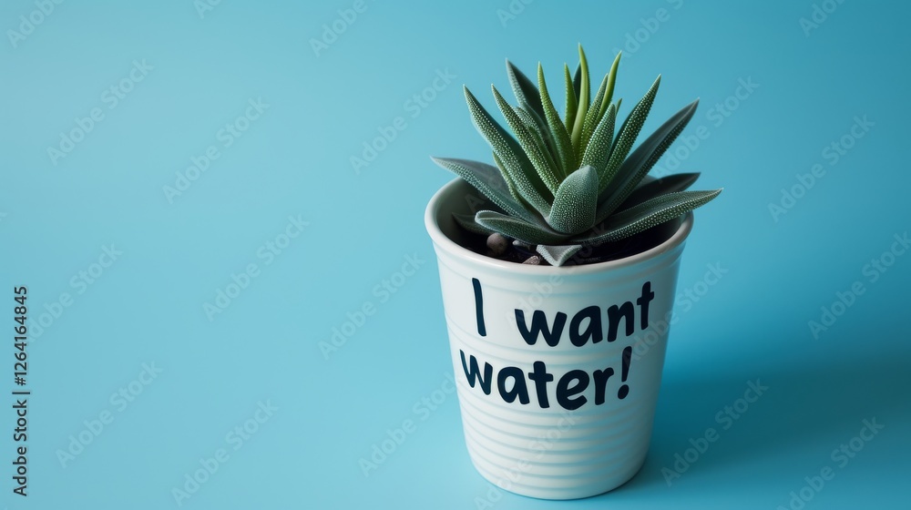 A lush green succulent in a ribbed white pot with the words I want water! set against a smooth blue background. A creative and humorous digital artwork. AI generated.