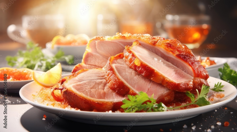 Plate of sliced meat with herbs and lemon Plate of sliced meat with herbs and lemon