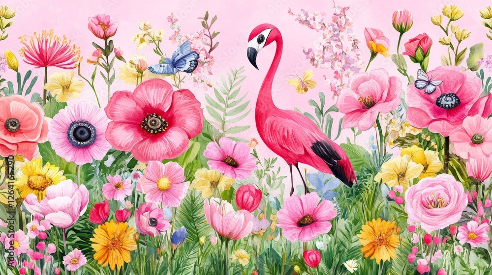 Obraz premium Flamingo Paradise Enchanting Watercolor Garden Blooms and Pink Hues Whimsical Delightful Serene Captivating Pastel Colors