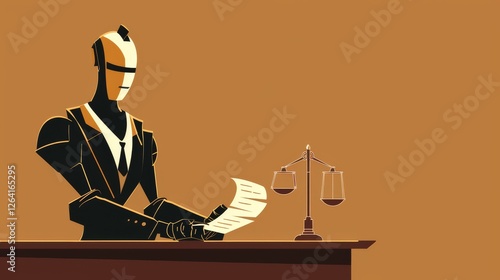 Obraz na płótnie A stylized AI robot judge reviews a legal document at a desk with justice scales, symbolizing AI in law and automation in legal decisions. The minimalist art style enhances the futuristic theme. AI w salonie