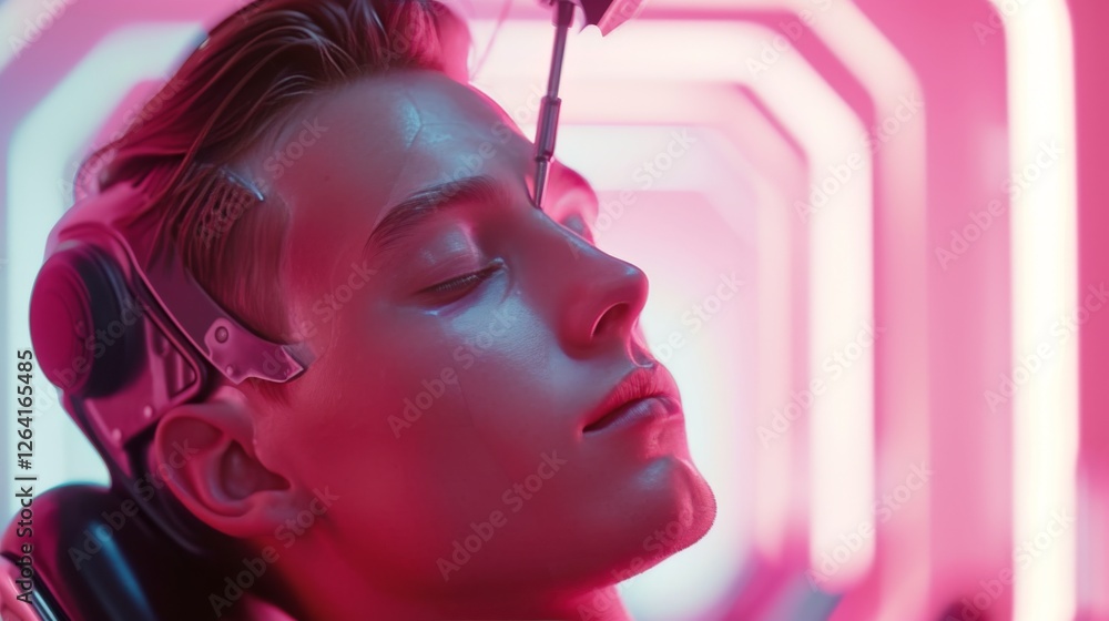 A highly detailed futuristic human with cybernetic enhancements undergoing a high-tech procedure. The neon pink lighting and sleek design create a sci-fi atmosphere. AI generated.