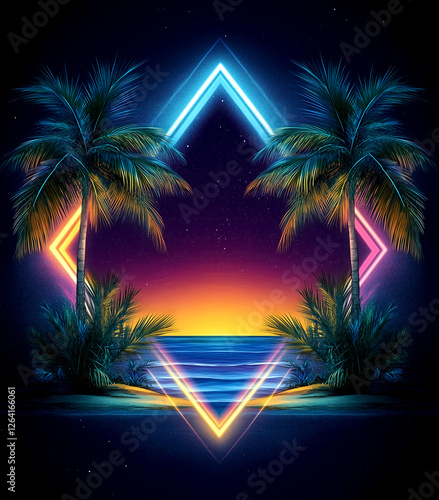 Wallpaper Mural A tropical scene with a blue ocean and two palm trees. The palm trees are lit up in neon colors Torontodigital.ca