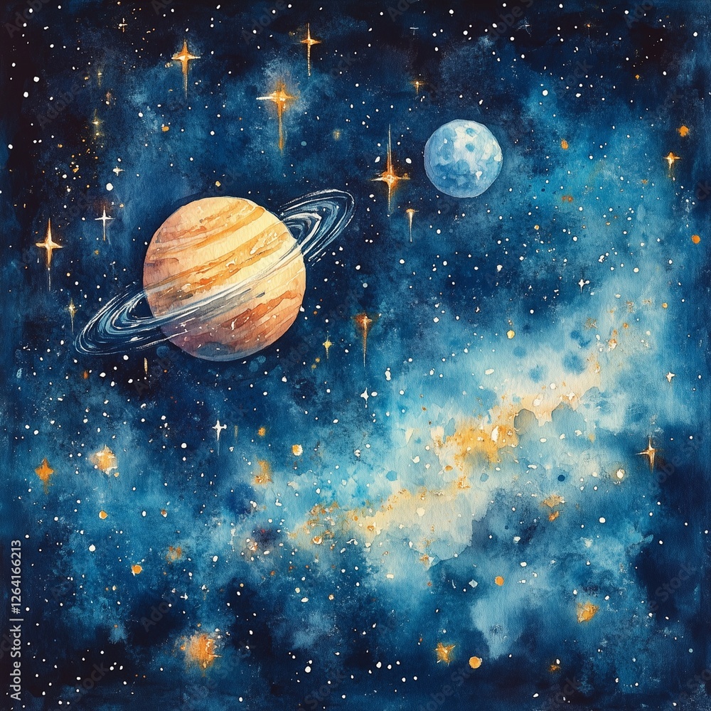 Naklejka premium Watercolor colorful planets and stars in space illustration