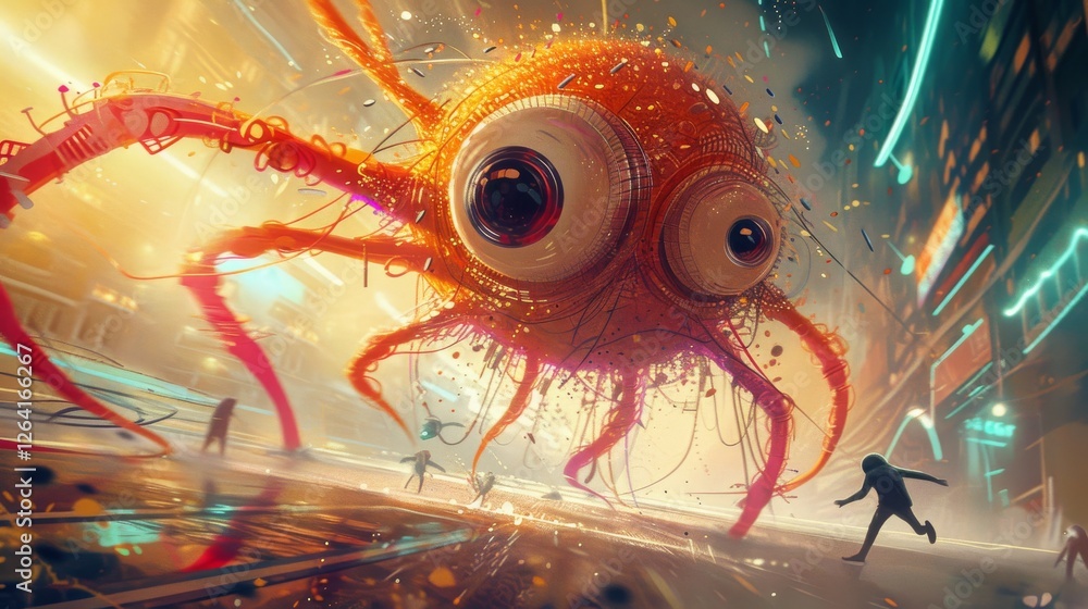 A massive robotic octopus with glowing eyes wreaks havoc in a neon-lit futuristic city as people flee in terror. The sci-fi scene is filled with dynamic action and chaos. AI generated.