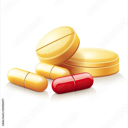 Medical pills and capsules on white background photo