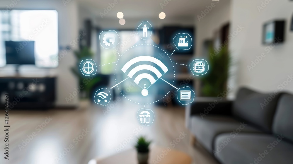 A modern smart home setup with digital network icons representing IoT connectivity and automation. The futuristic interface highlights wireless technology. AI generated.