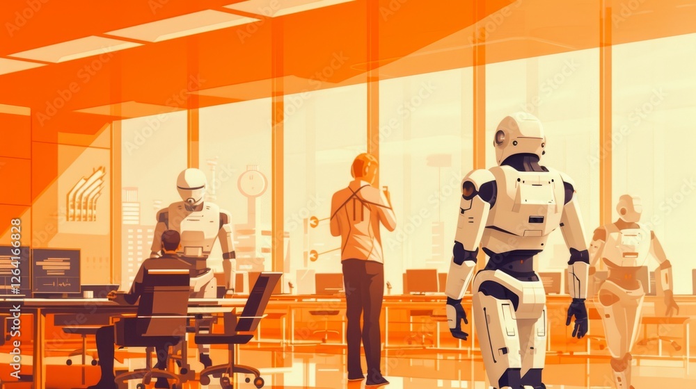 A futuristic office where humanoid robots and humans collaborate in a sleek, high-tech workspace, illustrating the integration of AI in modern business environments. AI generated.