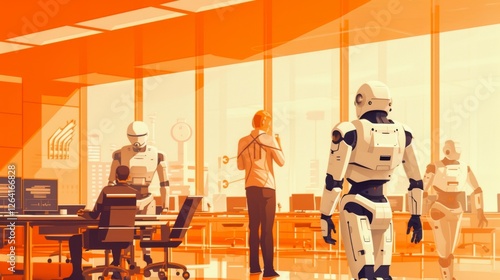 Obraz na płótnie A futuristic office where humanoid robots and humans collaborate in a sleek, high-tech workspace, illustrating the integration of AI in modern business environments. AI generated. w salonie