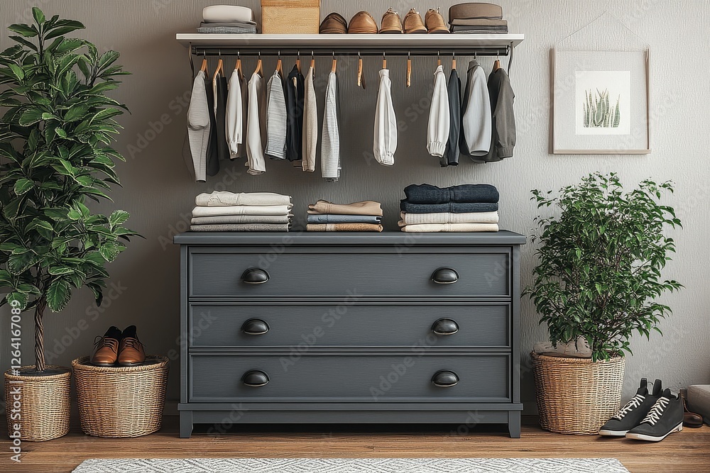Gray Fabric Chest of Drawers with Open White Wardrobes on Each Side in a Light Gray Background Featuring Shoes and Accessories Gray Fabric Chest of Drawers with Open White Wardrobes on Each Side in a Light Gray Background Featuring Shoes and Accessories